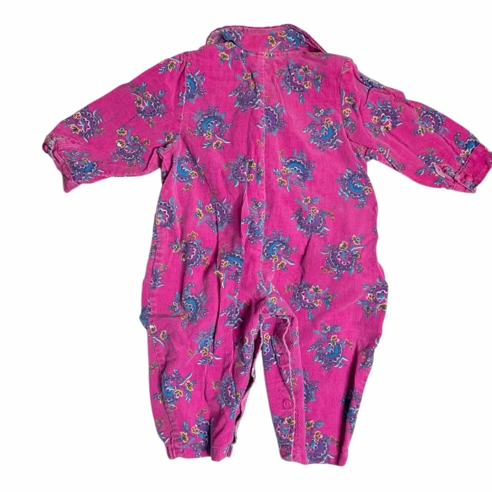 Vintage toddler 18M pink floral corduroy jumpsuit, cotton paisley.